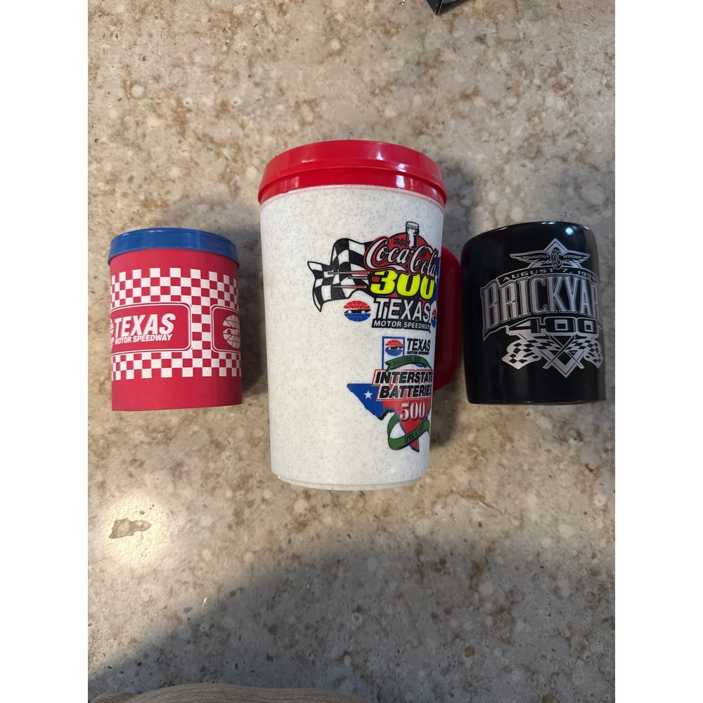 Vintage NASCAR Texas Motor Speedway Brickyard 400 Mug and Koozie Lot of 3